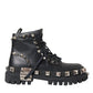 Black Leather Studs Embellished Combat Boots Shoes