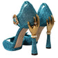 Blue Lurex Bejeweled Hand Heels Sandals Shoes