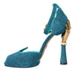 Blue Lurex Bejeweled Hand Heels Sandals Shoes