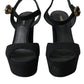 Black Leather Platform Heels Sandals Shoes