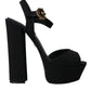 Black Leather Platform Heels Sandals Shoes