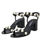 Black Leather Faux Pearl Heel Sandals Shoes