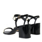 Black Leather Faux Pearl Heel Sandals Shoes