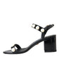 Black Leather Faux Pearl Heel Sandals Shoes