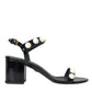 Black Leather Faux Pearl Heel Sandals Shoes