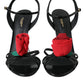 Black Leather Rose Ankle Strap Heels Sandals Shoes