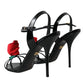 Black Leather Rose Ankle Strap Heels Sandals Shoes