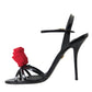 Black Leather Rose Ankle Strap Heels Sandals Shoes
