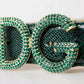 Green Iguana Leather DG Crystal Gold Buckle Belt