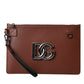 Brown Calfskin Leather DG Logo Pouch Wrist Strap Bag