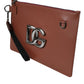 Brown Calfskin Leather DG Logo Pouch Wrist Strap Bag