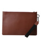 Brown Calfskin Leather DG Logo Pouch Wrist Strap Bag