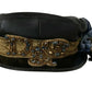Black Leather Crystal Beads Gold Ribbon Fiddler Cap