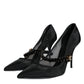 Black Mesh Mary Jane Crystal Heel Pumps Shoes