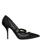 Black Mesh Mary Jane Crystal Heel Pumps Shoes