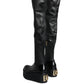 Black Leather Logo Knee High Boots Shoes