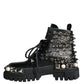 Black Leather Studs Embellished Combat Boots Shoes