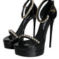 Black Keira Leather Crystals Sandals Heels Shoes