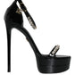 Black Keira Leather Crystals Sandals Heels Shoes