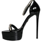 Black Keira Leather Crystals Sandals Heels Shoes