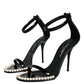 Black Keira Leather Faux Pearl Sandals Heels Shoes