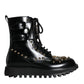 Black Leather Studs Embellished Combat Boots Shoes