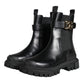 Black Leather Combat Mid Calf Boots Shoes