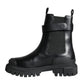Black Leather Combat Mid Calf Boots Shoes