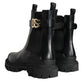 Black Leather Combat Mid Calf Boots Shoes