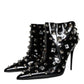 Black Leather Studs Crystal Ankle Boots Shoes