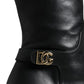 Black Leather Gold Tone Logo High Boots Shoes