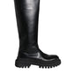 Black Leather Trekking Knee High Boots Shoes