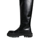 Black Leather Trekking Knee High Boots Shoes