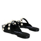 Black Leather Pearls Slides Sandals Shoes