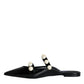 Black Leather Pearls Slides Sandals Shoes