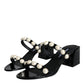 Black Leather Pearls Slides Sandals Shoes