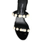 Black Leather Pearls Slides Sandals Shoes