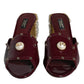 Maroon Crystal Leather Slides Sandals Shoes