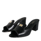 Black Logo Plaque Leather Heels Sandals Shoes