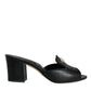 Black Logo Plaque Leather Heels Sandals Shoes