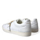 White Leather Gold Buckle Sneakers Shoes