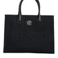 Black Top Handle Canvas Leather Logo Shopping Tote Bag