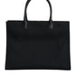 Black Top Handle Canvas Leather Logo Shopping Tote Bag