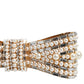 Gold Tone Brass Bow Crystal FauxPearl Embellished Brooch