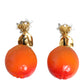Gold Tone Brass Crystals Orange Lily Clip On Earrings