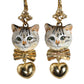 Gold Brass Heart Cat Crystal Pendant Clip Drop Earrings