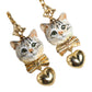 Gold Brass Heart Cat Crystal Pendant Clip Drop Earrings