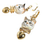Gold Brass Heart Cat Crystal Pendant Clip Drop Earrings