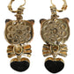 Gold Brass Heart Cat Crystal Pendant Clip Drop Earrings