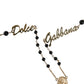 Gold Sterling Silver Black Beaded Rosary Chain Necklace